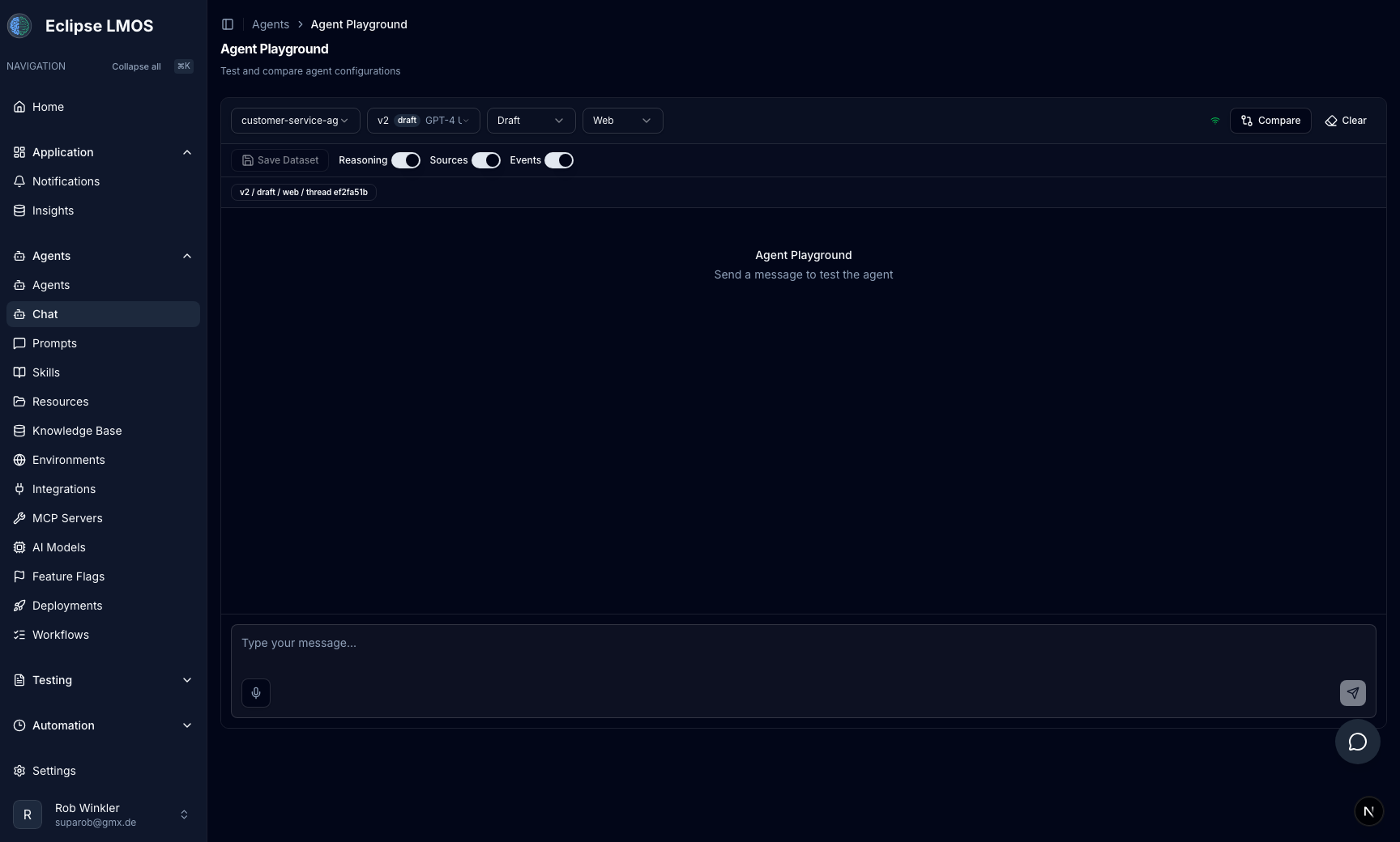 Agent chat workspace with conversation panel