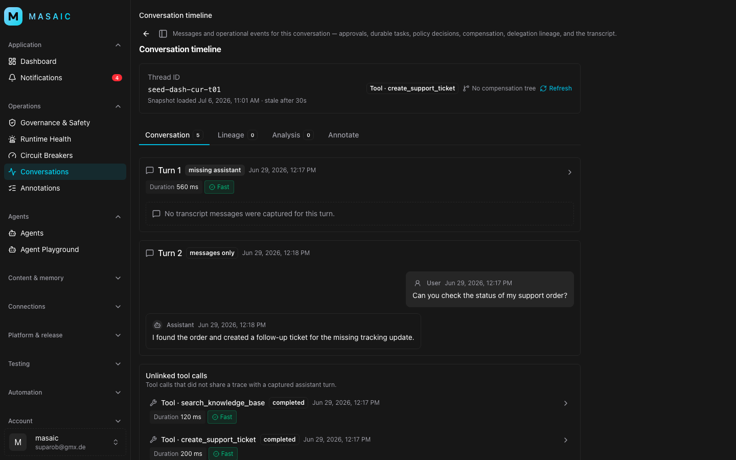 Conversation review with transcript, timeline events, and trace context