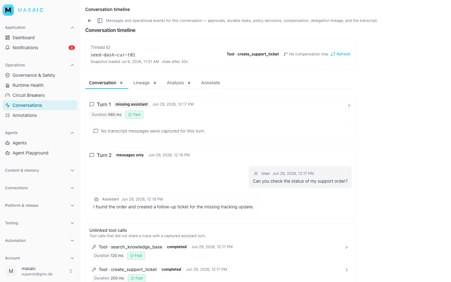 Conversation review with transcript, timeline events, and trace context