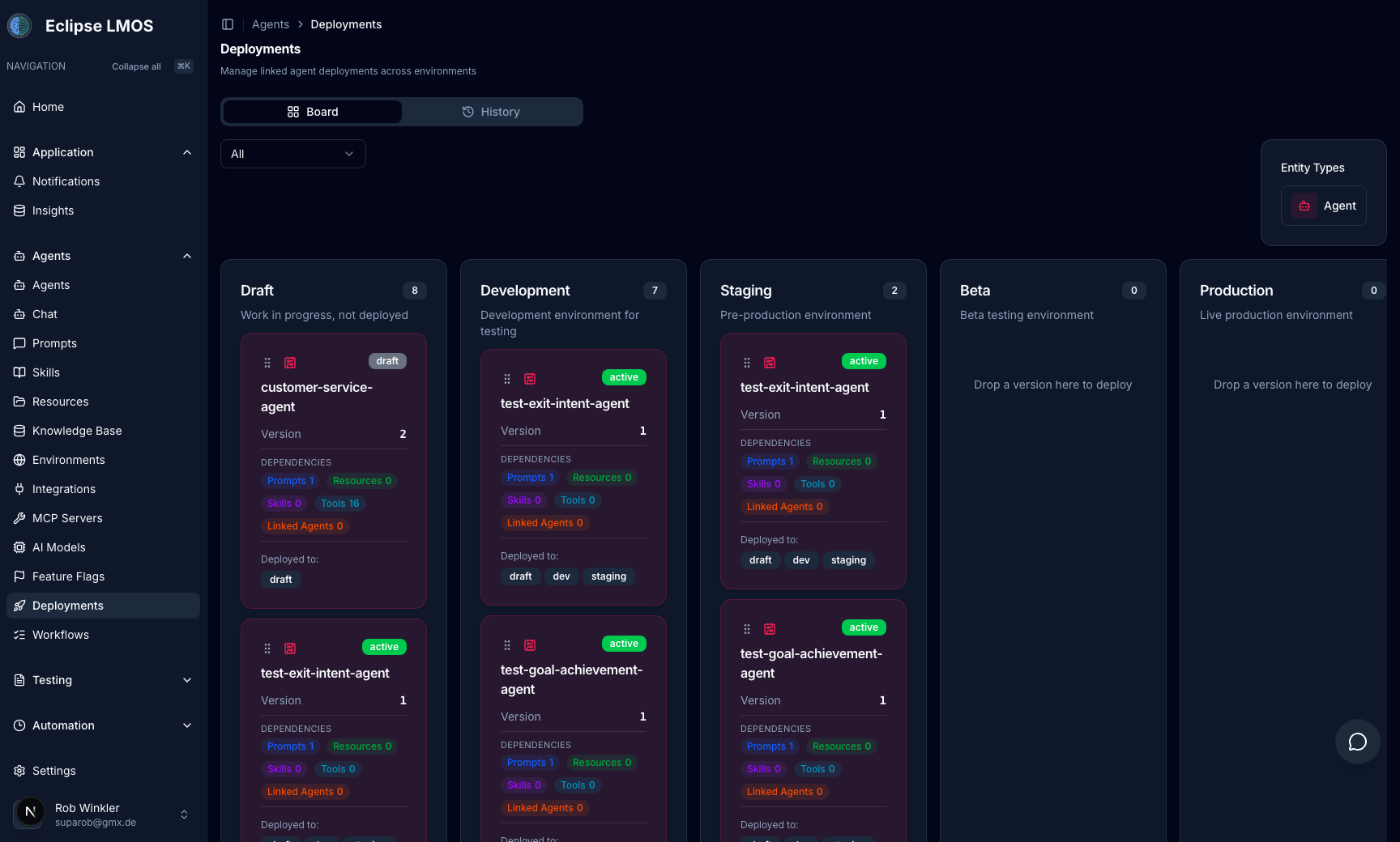 Deployments board showing agent versions by environment