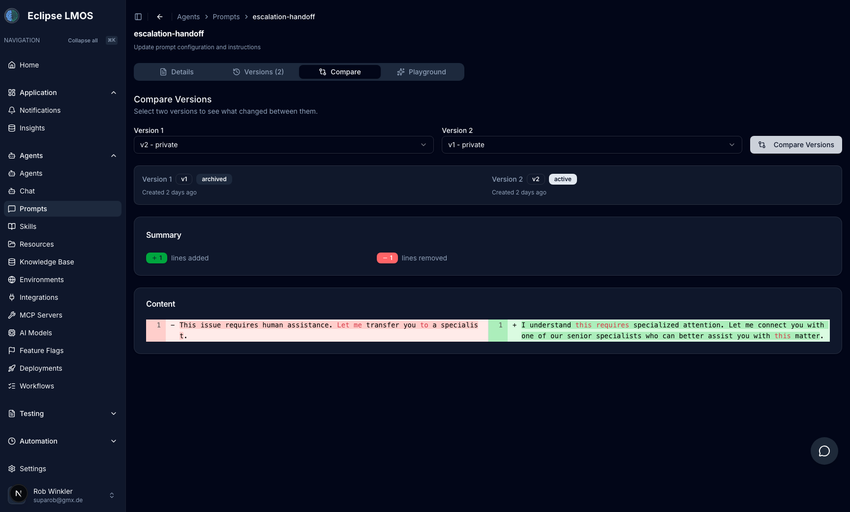 Prompt diffing UI showing version comparison