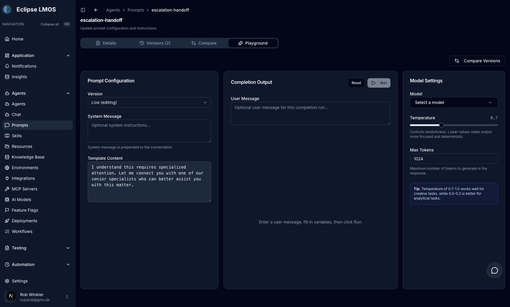 Prompt playground with live test execution UI