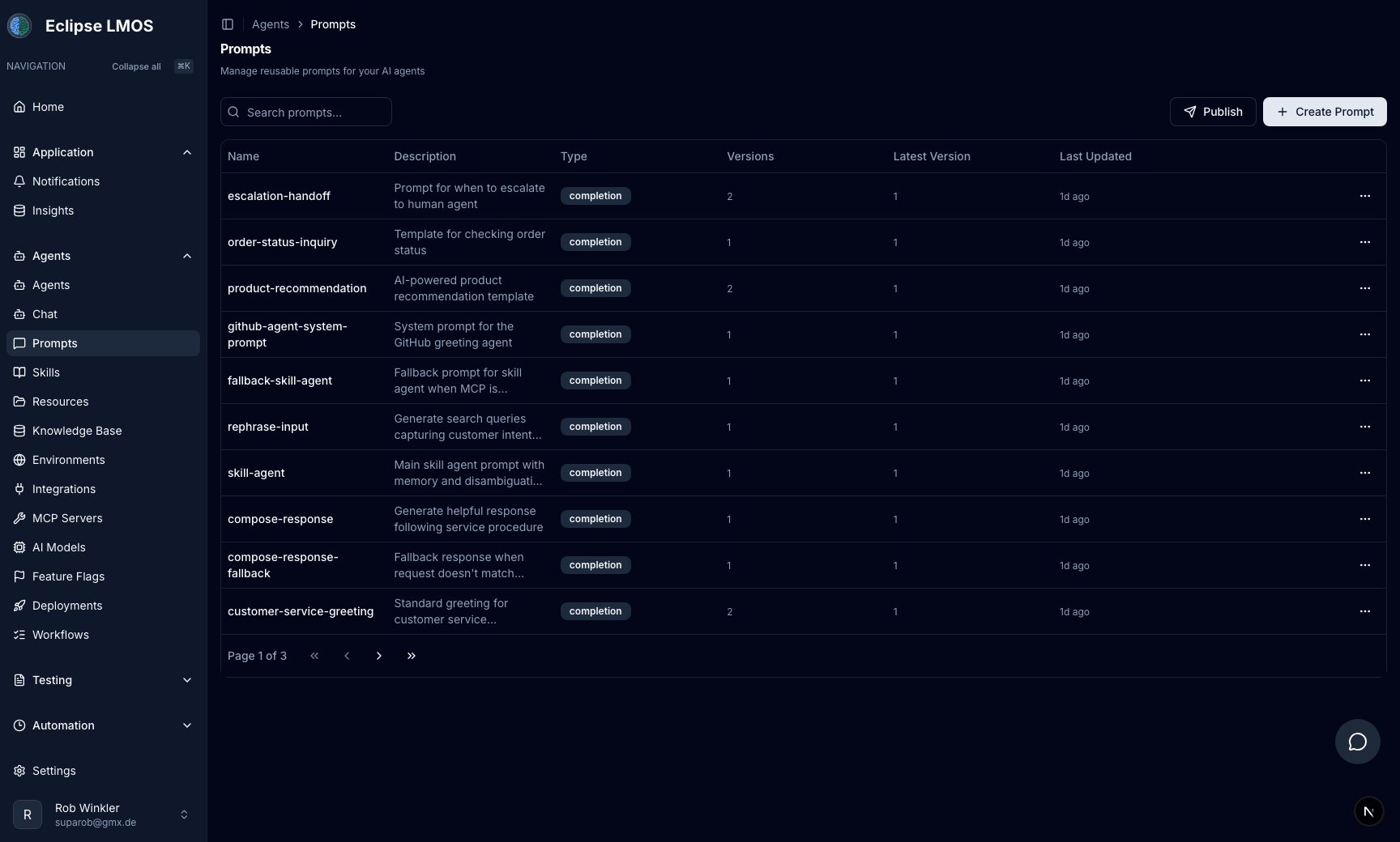 Prompts management UI showing a list of prompt templates